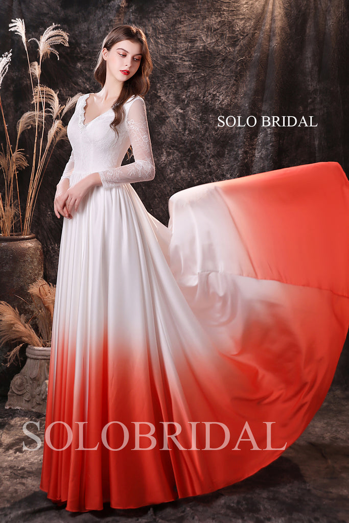 Ivory V neck lace top skirt ivory satin gradient red bridesmaid dresse – SoloBridal