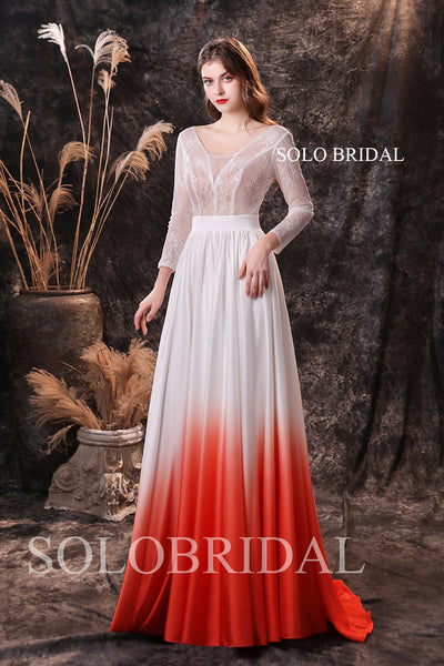 Ivory sexy lace corset top long sleeves ivory gradient red satin skirt dress S274551