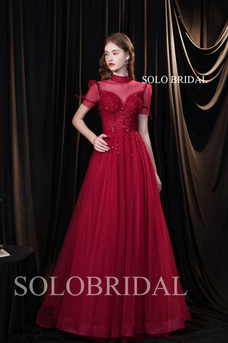 Breathtaking Red Collar Short Sleeve A Line Evening Dress T3610111