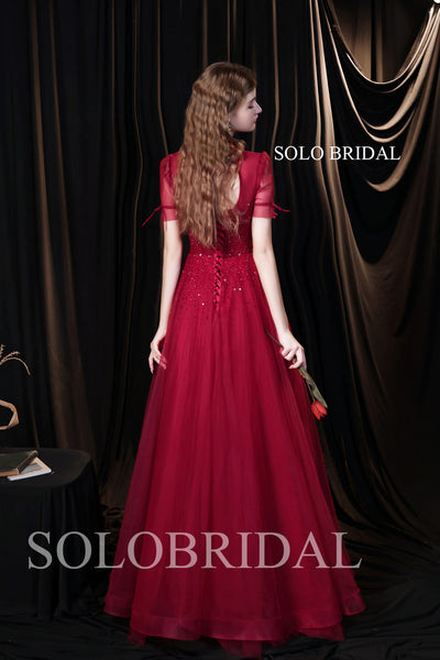 Breathtaking Red Collar Short Sleeve A Line Evening Dress T3610111