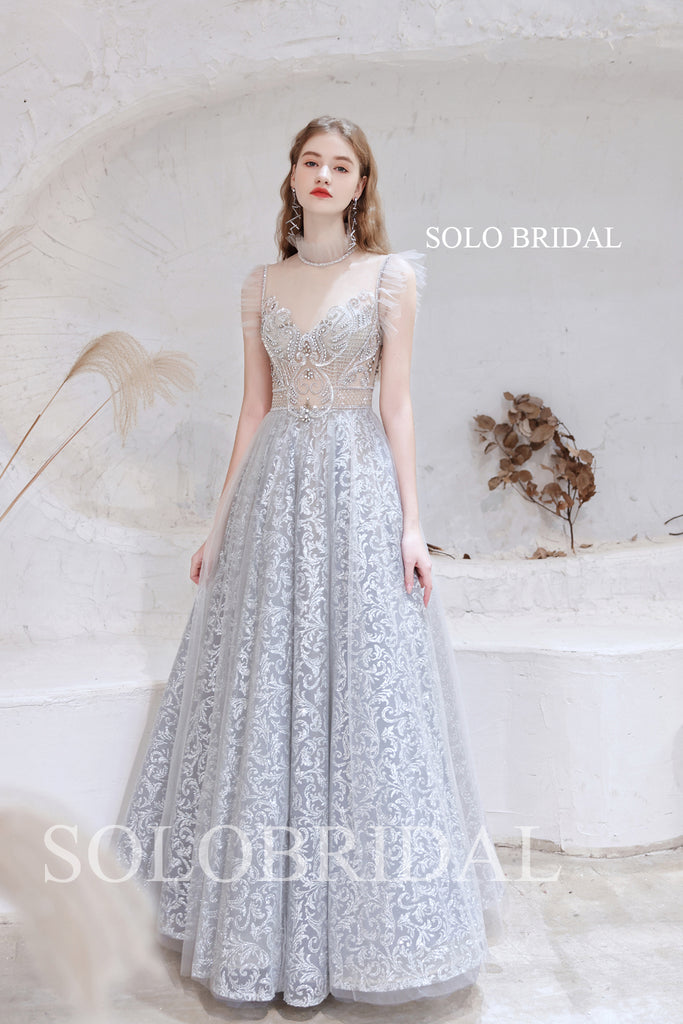 light grey party dress Silver Sequins Net Overlay Light Gray Prom Dress