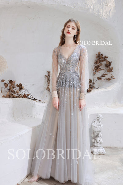 Champagne Silver Diamond Shiny A line Long Sleeve Dress T6610141