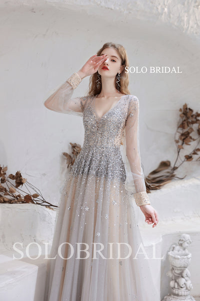 Champagne Silver Diamond Shiny A line Long Sleeve Dress T6610141