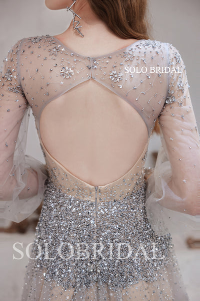 Champagne Silver Diamond Shiny A line Long Sleeve Dress T6610141