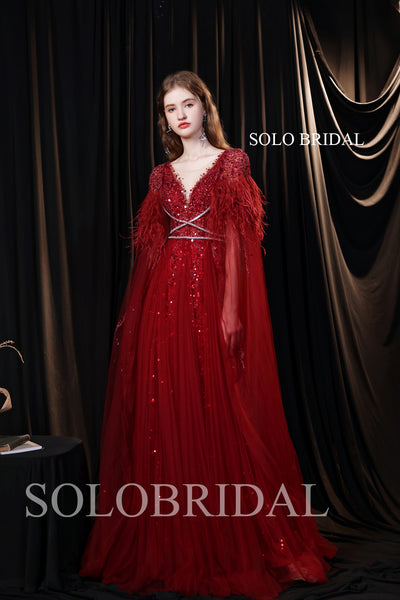 Hot Red Shiny feather Wrap Prom Dress T991022C1