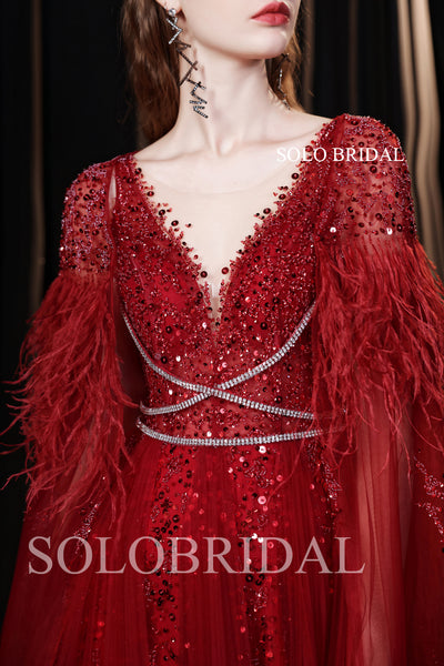 Hot Red Shiny feather Wrap Prom Dress T991022C1