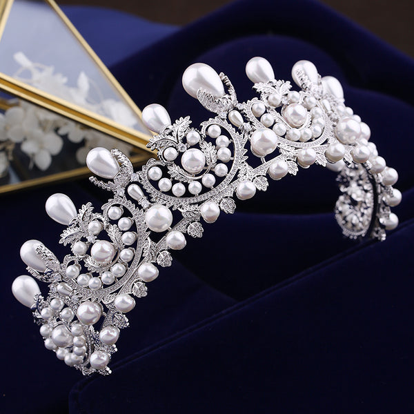 Luxury Cubic Zirconia Bridal Tiara With Pearls