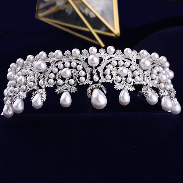 Luxury Cubic Zirconia Bridal Tiara With Pearls