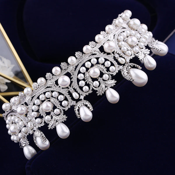 Luxury Cubic Zirconia Bridal Tiara With Pearls