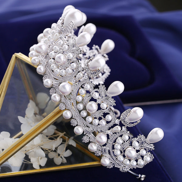 Luxury Cubic Zirconia Bridal Tiara With Pearls