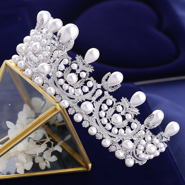 Luxury Cubic Zirconia Bridal Tiara With Pearls