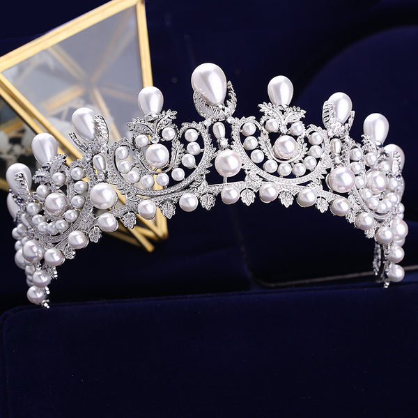 Luxury Cubic Zirconia Bridal Tiara With Pearls