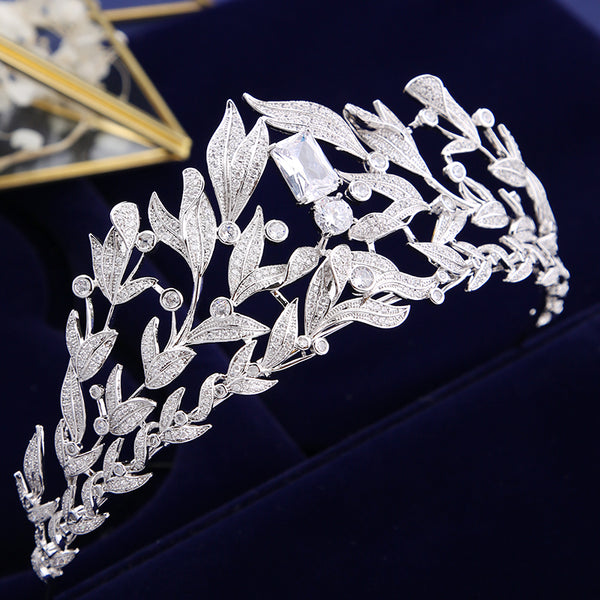 Luxury Tall Cubic Zirconia Crystal Bridal Tiara with Silver Leaves