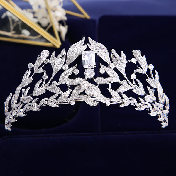Luxury Tall Cubic Zirconia Crystal Bridal Tiara with Silver Leaves