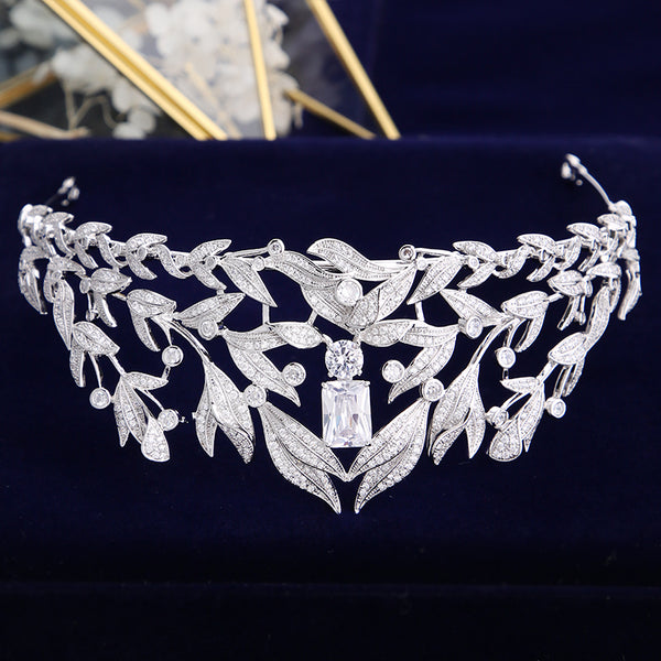 Luxury Tall Cubic Zirconia Crystal Bridal Tiara with Silver Leaves