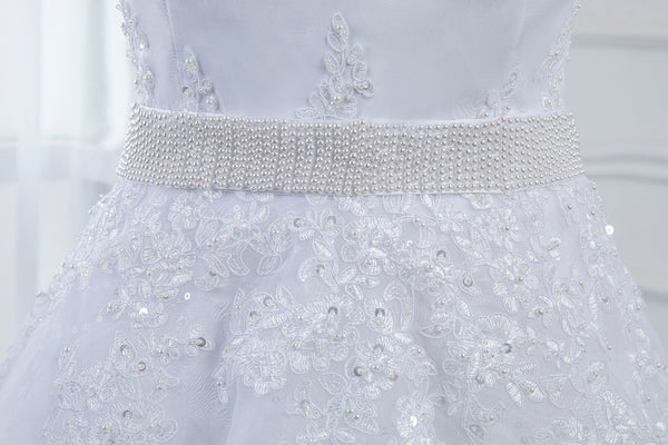 A Line Applique Lace Dress with Lace Straps and Beaded Belt