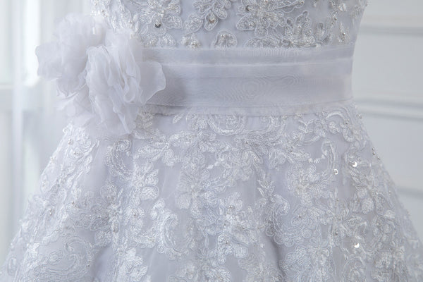 A Line Sequined Wedding Dress with Tulle flower Belt