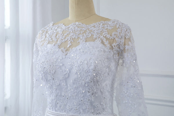 White Long Sleeve Lace Wedding Dress with Hem Lace Skirt and Sequin Tulle