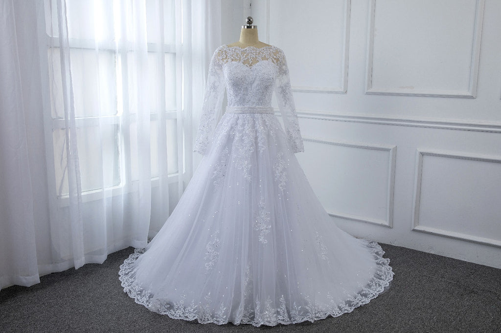 Solobridal White Long Sleeve Lace Wedding Dress with Hem Lace