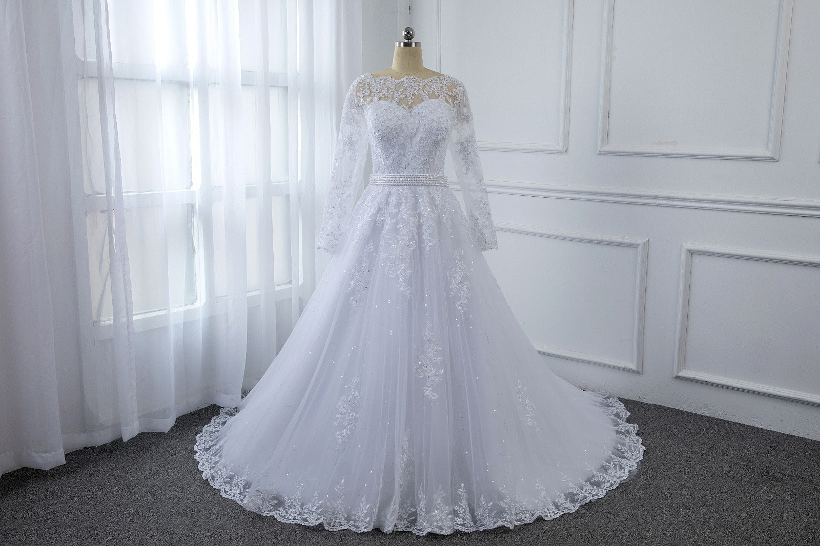 White Long Sleeve Lace Wedding Dress with Hem Lace Skirt and Sequin Tulle