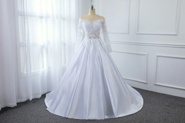 A Line Satin Transparent Lace Bodice with Long Sleeve Off Shoulder Wedding Dress