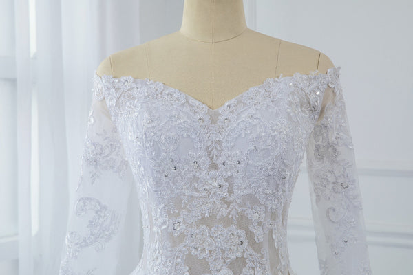 A Line Satin Transparent Lace Bodice with Long Sleeve Off Shoulder Wedding Dress