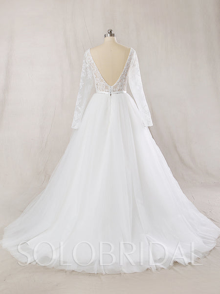A Line Tulle Wedding Dress with Deep V neckline