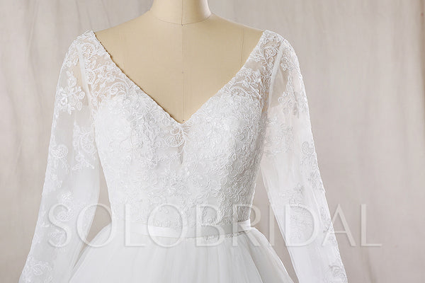 A Line Tulle Wedding Dress with Deep V neckline