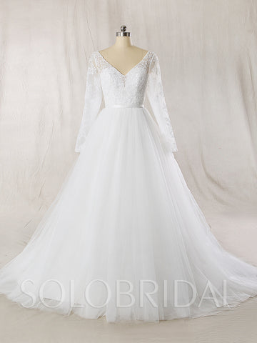 A Line Tulle Wedding Dress with Deep V neckline