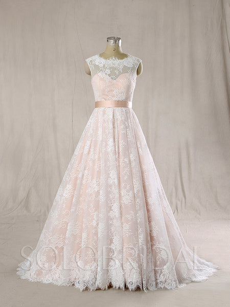 A Line Wedding Dress with Nude Lining and Ivory Lace