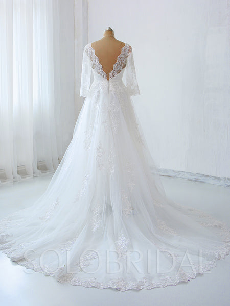 Light Ivory Lace Wedding Dress with Elbow Sleeves