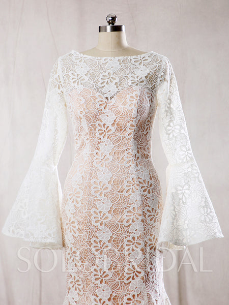 Ivory Lace with Blush Lining Wedding dress and Long Bell Sleeves Mermaid Shape