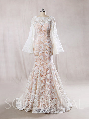 Ivory Lace with Blush Lining Wedding dress and Long Bell Sleeves Mermaid Shape