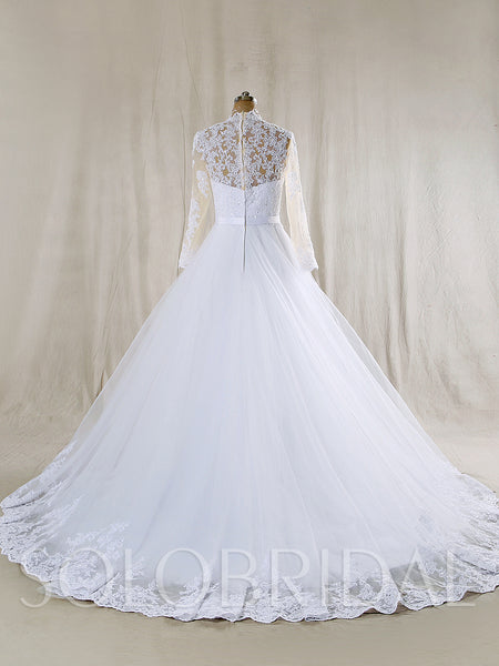 White A Line Tulle Wedding Dress with Long Sleeves and Beaded Belt