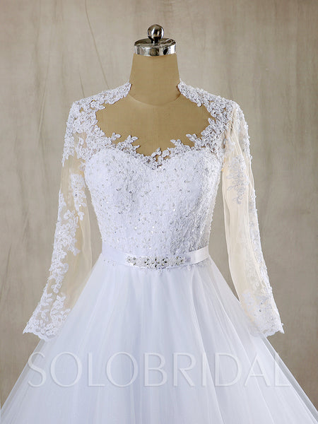 White A Line Tulle Wedding Dress with Long Sleeves and Beaded Belt