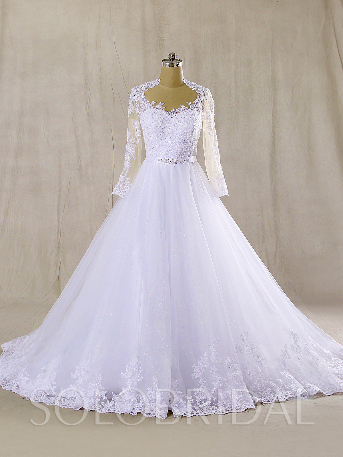 White A Line Tulle Wedding Dress with Long Sleeves and Beaded Belt