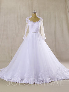 White A Line Tulle Wedding Dress with Long Sleeves and Beaded Belt