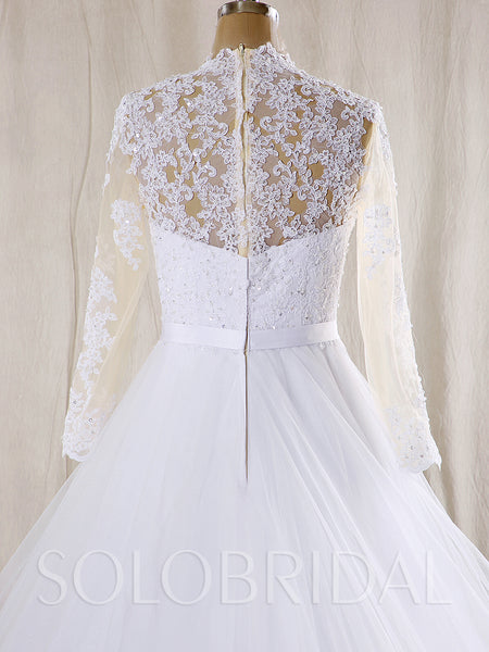 White A Line Tulle Wedding Dress with Long Sleeves and Beaded Belt