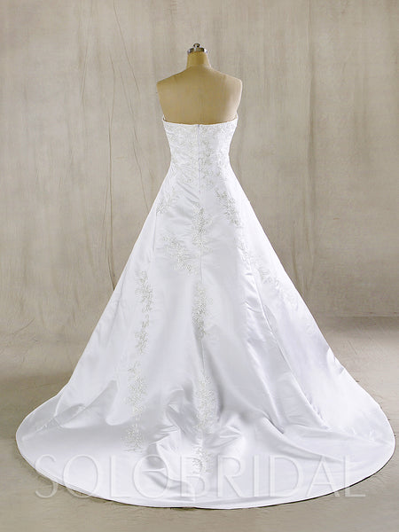 White Satin Wedding Dress with Silver Embroidery and Train