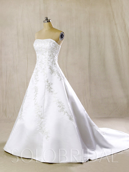 White Satin Wedding Dress with Silver Embroidery and Train