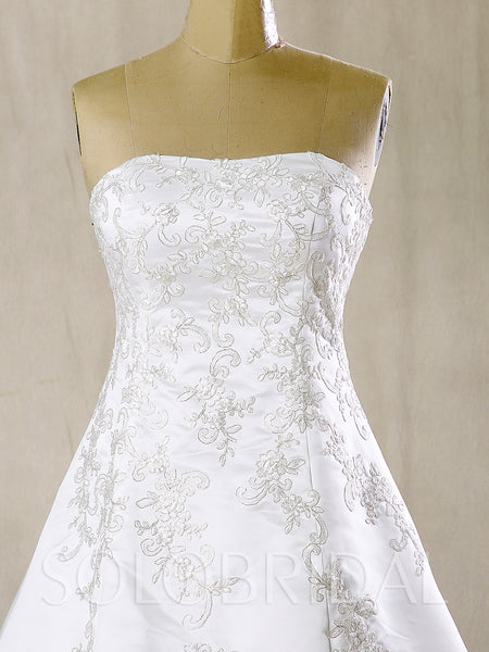 White Satin Wedding Dress with Silver Embroidery and Train