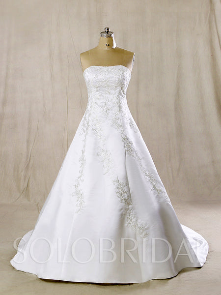 White Satin Wedding Dress with Silver Embroidery and Train