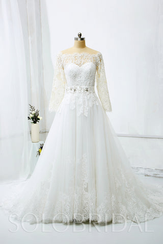 A Line Wedding Dress with Off shoulder Long Sleeves and Beaded Belt