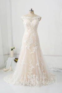 Champagne Lining Overlayed with Ivory Lace Wedding Dress with Court Train