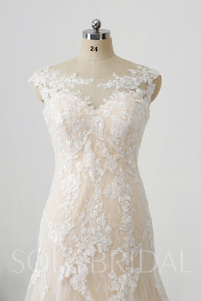 Champagne Lining Overlayed with Ivory Lace Wedding Dress with Court Train