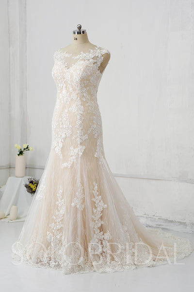 Champagne Lining Overlayed with Ivory Lace Wedding Dress with Court Train