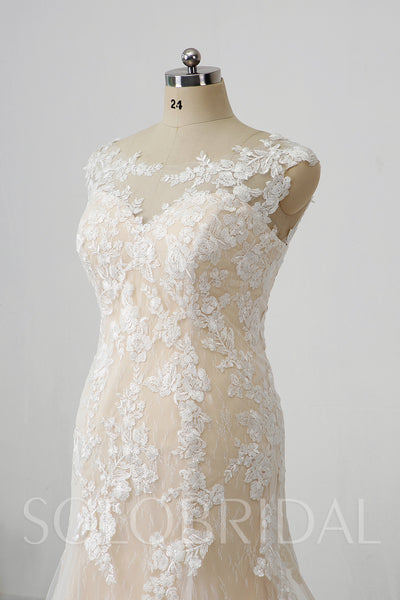 Champagne Lining Overlayed with Ivory Lace Wedding Dress with Court Train