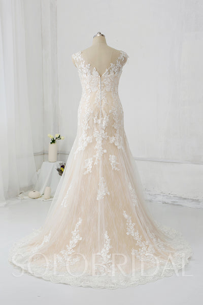 Champagne Lining Overlayed with Ivory Lace Wedding Dress with Court Train
