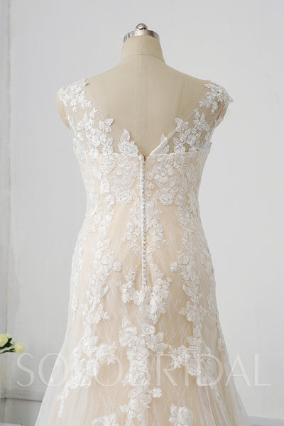 Champagne Lining Overlayed with Ivory Lace Wedding Dress with Court Train
