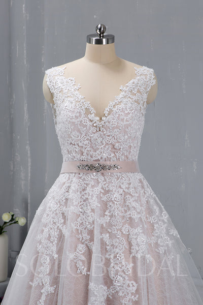 Blush Wedding Dress with Beaded Belt and Corset Back